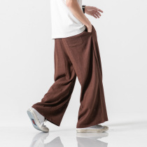 Mens summer cotton linen wide leg pants loose flared trousers fall feeling flowing flat linen Tai Chi trousers