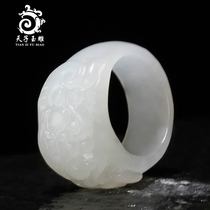 Tiantian jade carving Xinjiang Hetian jade animal pattern refers to mens Jade white jade ring ring with certificate