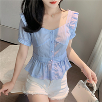 Striped shirt summer careful machine design sense niche collarbone high waist short square collar French shirt short sleeve tide