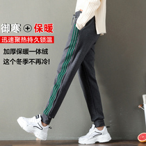 Three bars plus velvet sweatpants womens autumn and winter thick casual pants students loose thin feet Harlan pants
