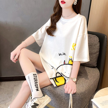 Dinosaur cartoon short-sleeved T-shirt female loose Korean student European Osaka medium long top size womens fashion ins tide