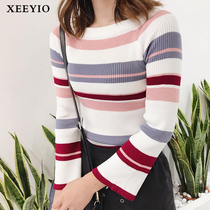 XEEYIO new long sleeve womens knitted sweater warm top Korean slim stripe base shirt Contrast color New Wild