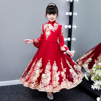  Flower girl dress Long-sleeved puffy yarn girl princess dress Childrens birthday host piano performance suit plus velvet thickening