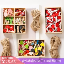Cute creative wooden box set album Polaroid postcard photo clip hemp rope love wood wood clip