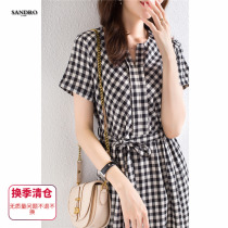 Japanese light luxury black and white bird grid linen dress intellectual slimming age design sense cotton and linen contrast color lattice skirt