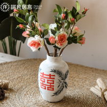 Nofan Jingdezhen New Chinese Coarse Pottery Flower Ware Porcelain Bottle Retro Dry Flower Vase Pendulum ceramic Wedding festive Chinese calligraphy flower arrangement