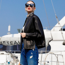 British bubble leather series short sheep leather leather women stand collar side fork sports leisure wind small coat