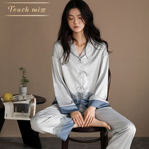 TOUCH MISS2021 pyjamas womens fall ice silk long sleeve turned-on-shirt fashion splicing lace home clothes