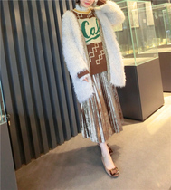 BORAKOO Korea Dongdaemun 18 autumn and winter knock beauty~Golden camel velvet pleated elastic waist skirt