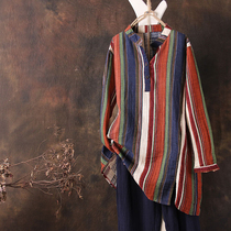 Han Suoyi Art Retro Spring and Autumn Long Cotton and Hemp Jacket Women's Stripe Large Size Loose Long Sleeve T-shirt Women