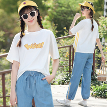 Girls summer casual sports suit summer loose cotton thin Korean version of foreign-quality girl girl two-piece set