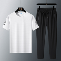  Middle-aged and elderly sports suit mens summer thin short-sleeved T-shirt trousers casual dad outfit ice silk quick-drying top