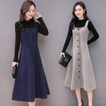  Woolen vest thickened woolen strap mid-length dress bottoming shirt two-piece suit womens autumn and winter new 2021