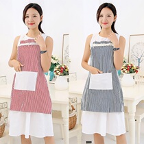Simple striped cotton linen apron kitchen canvas oil stain stain hanging neck strap no sleeves Japanese waist