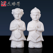 White marble boy boy and girl funerary objects casket ornaments hand-carved golden boy Jade Girl funeral supplies children and men
