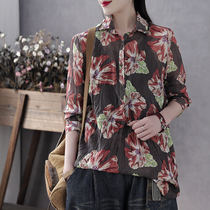 Han Suoyi retro art 2020 spring new collar long sleeve floral shirt women's printed pullover bottoming shirt
