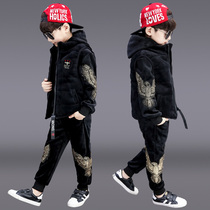 Childrens clothing boys autumn and winter set 2021 new middle and Big Boy plus velvet thickened foreign style Korean three-piece set