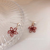 Red Flowers Earrings 2021 New Tide Korea Temperament Net Red Pops Pearls Round Face With Slim Ear Accessories