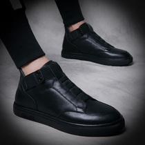 Autumn high-top shoes mens leather Korean version of the trend shoes casual inside the British mens shoes black high-top shoes men