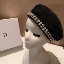 Japans new berets women Chains Autumn Winter Black Water Drill Hat Children Fashion 100 lapped Korean version of the painters hat