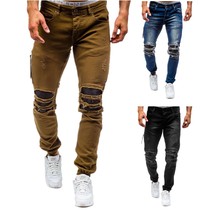 Tide brand men's jeans men's cotton slim stretch pleated leather personalized leggings with holes Harlan pants
