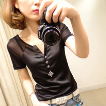 2021 summer new Korean slim V-neck sexy mesh short-sleeved T-shirt womens large size thin half-sleeve base small shirt
