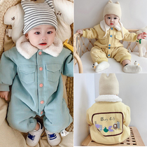 Baby conjoined clothing plus suede winter clothing thickened warm turning outside the clothes can be opened for newborn outfits