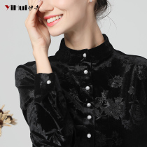 Velvet Shirt Long Sleeve Top Collar Shirt Black base shirt Slim Cover Belly Autumn and Winter Plus Pinch
