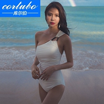 CORTUBO Korean White slanted shoulder one-piece swimsuit women thin conservative chest swimsuit hot spring swimsuit