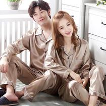Korean version lovers pyjamas and womens autumn spring and summer models emulated silk sleepwear male and female summer long sleeves long pants suit sexy family clothes autumn