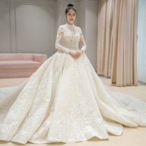 Main wedding dress 2020 new temperament bride wedding court retro stand-up collar long-sleeved tail forest department autumn and winter