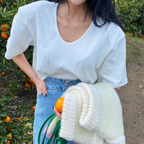 Lagirl Korea 21 spring new classic 100 hitch pure color u collar padded shoulder short sleeve T-shirt