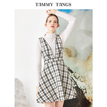 Sugar force winter new European and American womens gray and white check sleeveless strap dress high waist V-neck dress