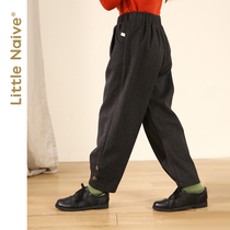 LittleNaive girls casual pants black elastic high waist loose trousers new pants