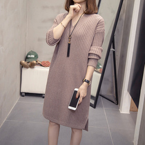 European station large size womens autumn and winter 2019 new sweater womens loose thick vneck long knitted dress