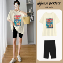 Pregnant woman Packer Summer thin loose Korean version Short sleeves jacket with long covered ass shorts Two sets of maternity examination
