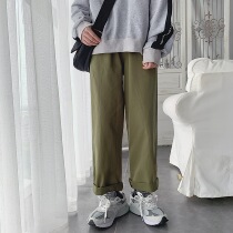 ins Hong Kong style spring and summer solid color overalls mens Tide brand straight loose wide leg Joker ankle-length pants ulzzang pants