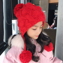 Autumn and winter Korean version of warm childrens and girls pullover hat plus velvet thickened knitted hat big childrens warm parent-child woolen hat
