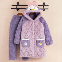 Pajamas female coral velvet cotton autumn and winter thickened three-layer flannel warm suit winter home clothes can be worn outside