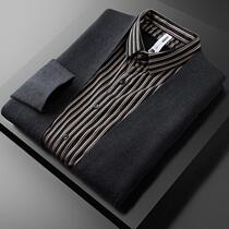 Light business Fashion casual mens fake two knit cardiouses with a handsome young striped shirt collar fur