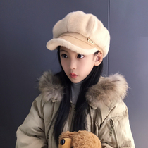  Autumn and winter childrens octagonal hat female Korean plush cap imitation mink velvet warm big childrens beret fluffy student hat