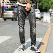 Breaking my speed autumn mens black broken jeans youth slim feet casual pants mens trousers