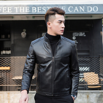 Mens leather jacket jacket short collar slim body slim leather leather motorcycle leather Autumn New Youth Leisure