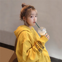 Long-term hooded sweater womens long sleeves autumn and winter thick plus velvet Korean students large size loose arm embroidery top tide
