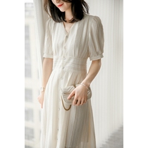 French dress womens summer waist thin mid-length v-neck burning flower temperament light cooked wind lady short-sleeved Chiffon skirt