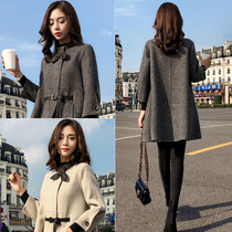 Woolen coat womens long Korean version 2021 autumn and winter New loose cloak popular thousand bird grid woolen coat