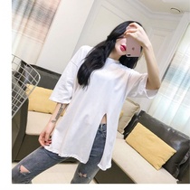 2019 new Korean version of solid color split T-shirt bottoming shirt loose long student half sleeve short sleeve jacket women's clothing