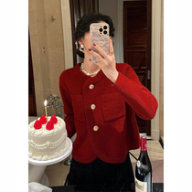 Mi Caixuan has a super high-level sense of style knitted cardigan red sweater jacket womens 2022 autumn and winter new style
