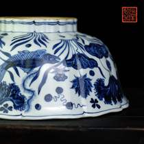 Hand-painted big bowl big bowl imitation Xuande blue and white fish algae pattern ten ribs ringkou pure hand antique ceramic New