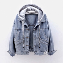 Denim short jacket womens loose Korean version of the short spring and autumn bf long-sleeved hooded jacket multi-pocket wild cardigan top